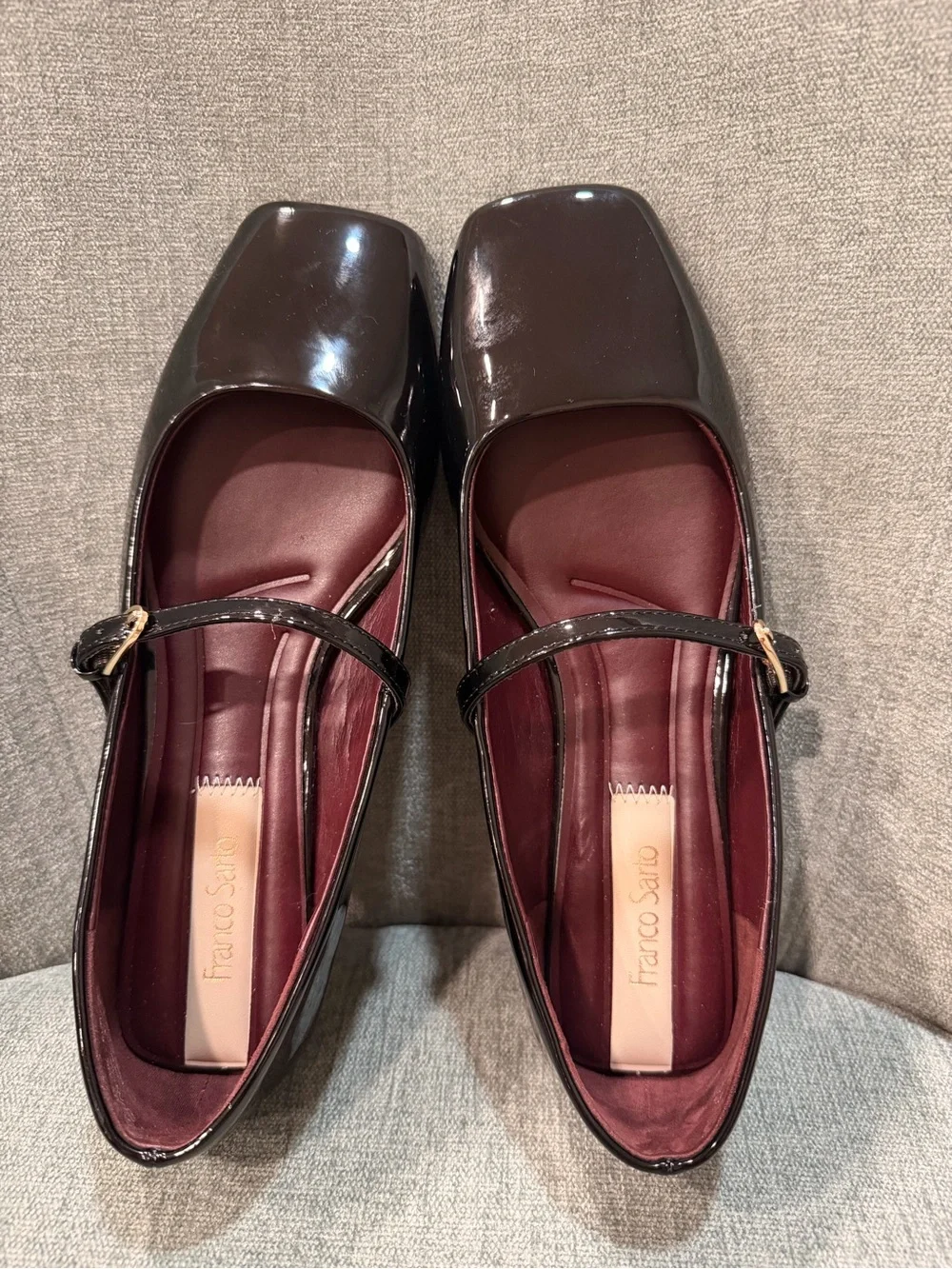 Women's Franco Sarto Tinsley Square Toe Mary Jane Flats Black Faux Patent 7W